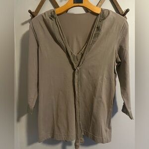 Liviana Conti Italian Pearl & Mesh Embellished V-Neck Blouse - Taupe size small